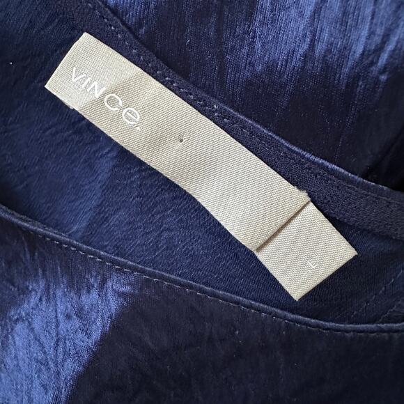 VINCE Asymmetrical Crinkled Satin Sleeveless Midi Dress In Ink Blue A Line Sz. L - Picture 6 of 11
